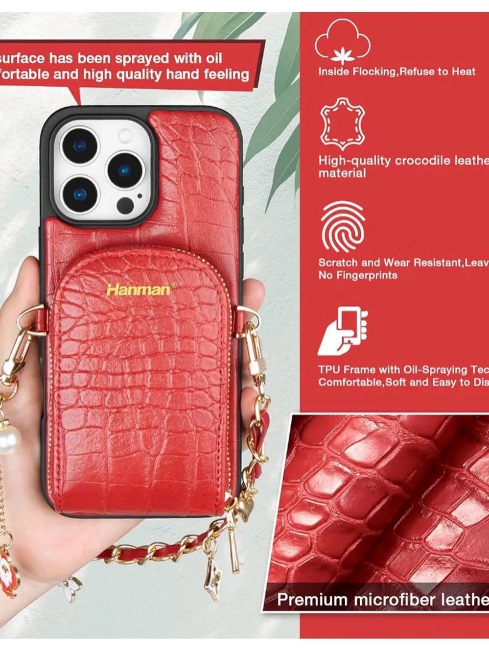 Phone Case for iPhone 16 Plus,Genuine Leather Zipper Wallet Purse Case, Red